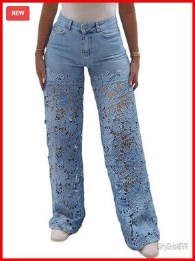 High Waist Wide Leg Jeans Lace Spliced Stretchy with Pockets